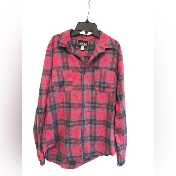 Rude Men’s Plaid Flannel Shirt Red Black Grunge Skater Emo Punk Alt Button-Up S - Picture 1 of 7